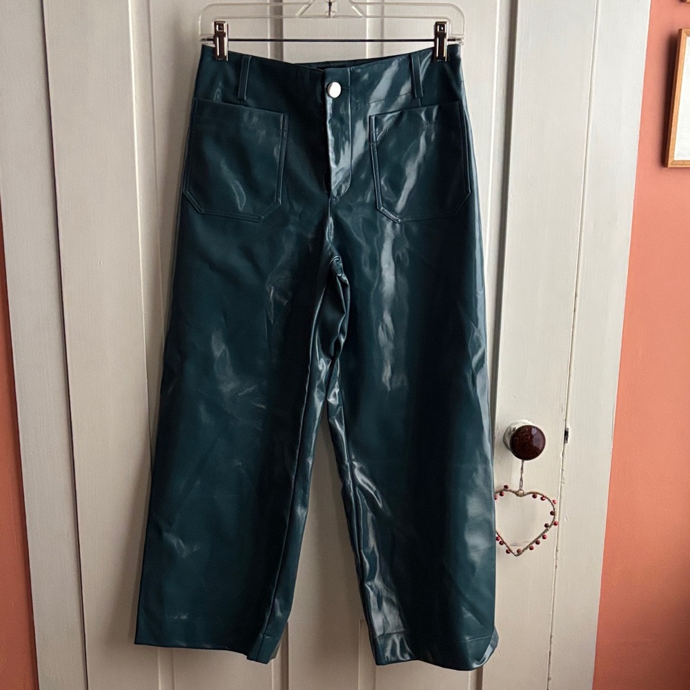 Maeve Teal Patent Cropped Wide-Leg Pants